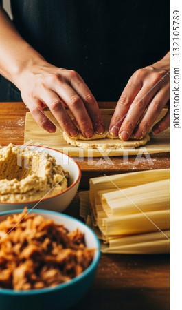 Traditional tamale preparation with masa and fillings on rustic kitchen table Traditional tamale preparation with masa and fillings on rustic kitchen table 132105789