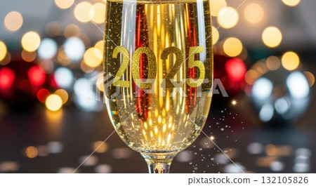 Festive champagne glass with 2025 sparkles celebrating new year with bokeh lights background Festive champagne glass with 2025 sparkles celebrating new year with bokeh lights background 132105826