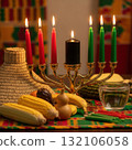 Kwanzaa celebration with kinara, fruits, and vibrant african textiles Kwanzaa celebration with kinara, fruits, and vibrant african textiles 132106058