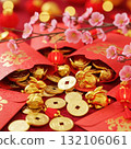 Chinese new year festivity: red envelopes, gold coins, and lucky rabbit symbols with blossoms Chinese new year festivity: red envelopes, gold coins, and lucky rabbit symbols with blossoms 132106061
