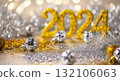Festive new year 2024 celebration with glittering gold and silver decorations Festive new year 2024 celebration with glittering gold and silver decorations 132106063
