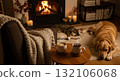Cozy living room with sleeping pets and hot beverages by the fireplace Cozy living room with sleeping pets and hot beverages by the fireplace 132106068