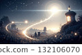 Enchanted night sky with glowing pathway and cosy cottage in mystical landscape Enchanted night sky with glowing pathway and cosy cottage in mystical landscape 132106070