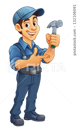 Handyman Carpenter Hammer Cartoon Mascot Man 132106091