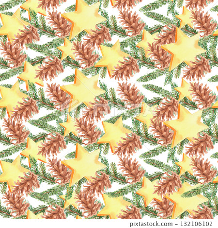 Seamless pattern fir branches, fir cones and stars. For fabric, wallpaper, packing paper, greeting cards, design, decoration and illustration. 132106102