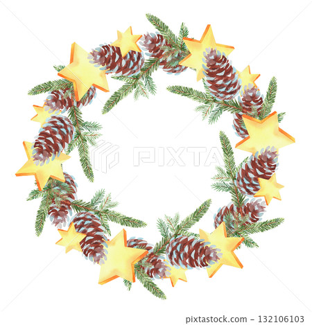 Wreath of fir branches, fir cones and stars. For fabric, wallpaper, packing paper, greeting cards, design, decoration and illustration. 132106103
