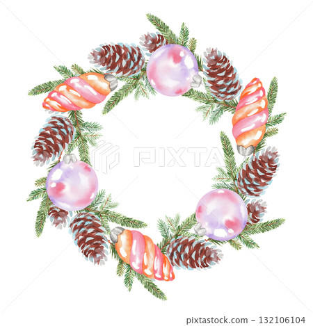 Wreath of fir branches, fir cones and toys. Watercolor illustration. For fabric, wallpaper, packing paper, greeting cards, design, decoration and illustration. 132106104