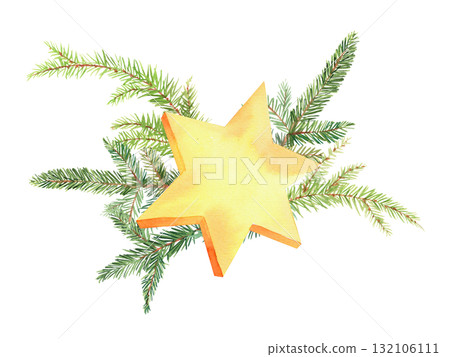 Star and christmas tree branches. For fabric, wallpaper, packing paper, greeting cards, design, decoration and illustration. Star and christmas tree branches. For fabric, wallpaper, packing paper, greeting cards, design, decoration and illustration. 132106111