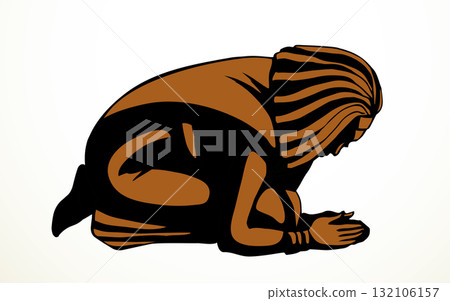 Vector drawing. Egyptian girl bow in praying 132106157
