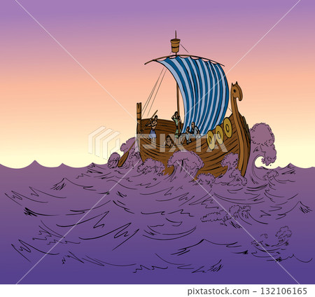 Vector drawing. Sailors on a ship in a storm 132106165