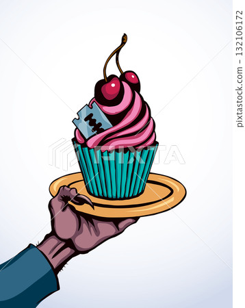 Vector drawing. The hand offers a treacherous treat Vector drawing. The hand offers a treacherous treat 132106172