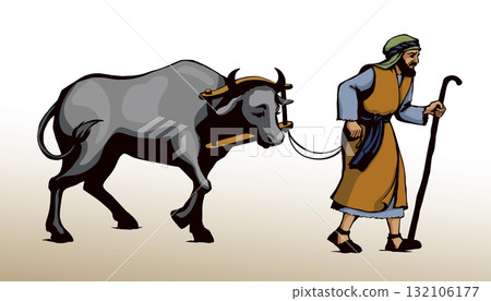 Vector drawing. A man leads an ox Vector drawing. A man leads an ox 132106177