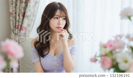 一位身穿淡紫色連身裙的女子在窗邊陷入沉思的肖像 一位身穿淡紫色連身裙的女子在窗邊陷入沉思的肖像 132106191