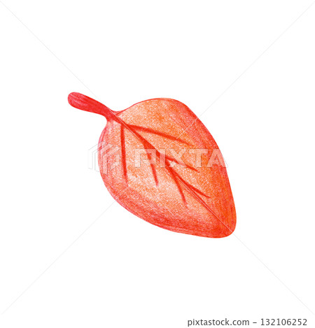 A red autumn leaf, drawn with pencils. A falling dry leaf is isolated on a white background. Children's drawing with colored pencils. Clipart. A red autumn leaf, drawn with pencils. A falling dry leaf is isolated on a white background. Children's drawing with colored pencils. Clipart. 132106252