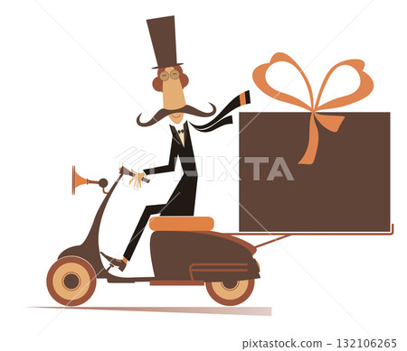 Funny man in the top hat conveys a gift box on the scooter. Cartoon long mustache man in the top hat rides on the scooter with a big gift box Funny man in the top hat conveys a gift box on the scooter. Cartoon long mustache man in the top hat rides on the scooter with a big gift box 132106265