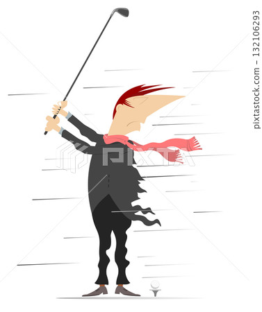 Strong wind and rain. Golfer man on the golf course. Wind. Bad weather. Cartoon golfer with a golf club tries to do a good shot. Isolated on white Strong wind and rain. Golfer man on the golf course. Wind. Bad weather. Cartoon golfer with a golf club tries to do a good shot. Isolated on white 132106293