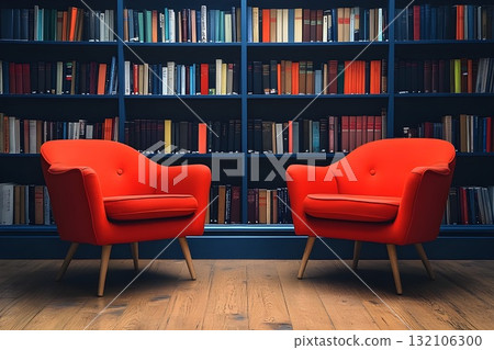 Contemporary library interior with two red lounge chairs against full wall of books 132106300