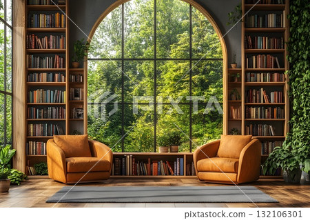 Sunlit home library with large arched window, lush greenery and two tan armchairs 132106301