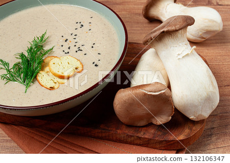 mushroom cream soup, with dill and bruschetta, mushroom eringi, mushroom cream soup, with dill and bruschetta, mushroom eringi, 132106347