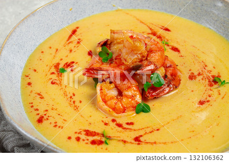 pumpkin cream soup with shrimp, herbs and spices, homemade, no people, 132106362