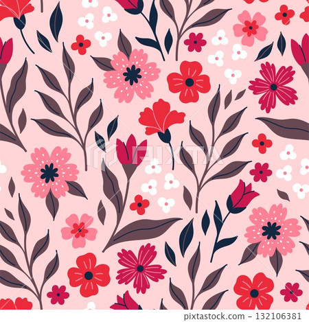 Seamless pattern with flowers on a light pink background. Vector graphics. Seamless pattern with flowers on a light pink background. Vector graphics. 132106381