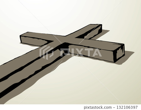 Wooden cross on sky background. Vector drawing 132106397