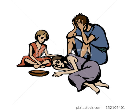 People suffering from hunger. Vector drawing 132106401