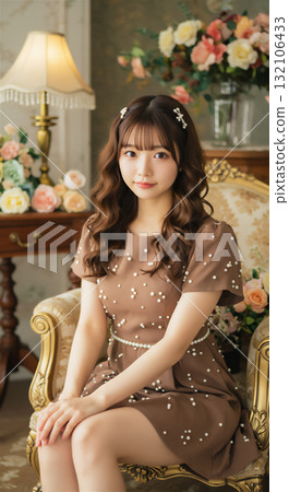 Portrait of an elegant woman wearing a brown dress (surrounded by antique-style interior and flowers) 132106433