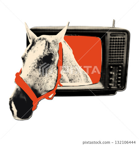 Halftone horse head inside vintage TV with red screen funny art collage animal element. Cut out clipping shapes, surreal media, pop culture and entertainment concept. Modern retro vector illustration Halftone horse head inside vintage TV with red screen funny art collage animal element. Cut out clipping shapes, surreal media, pop culture and entertainment concept. Modern retro vector illustration 132106444