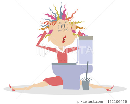 Young woman vomiting in toilet. Nausea. Woman vomiting in toilet. Stomach ache. Food or alcohol poisoning. Pregnancy symptoms 132106456