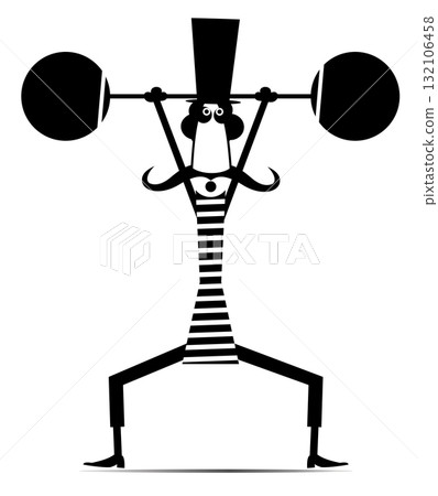Strong long mustache weightlifter in the top hat. Man in the top hat dressed in striped athletic tights raises the heavy weight. Black and white illustration Strong long mustache weightlifter in the top hat. Man in the top hat dressed in striped athletic tights raises the heavy weight. Black and white illustration 132106458