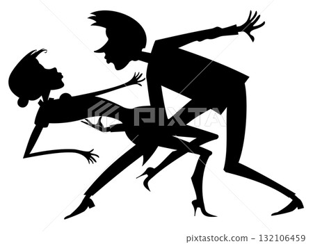Romantic dancing young couple. Art silhouette. Dancing young man and woman. Black on white background 132106459