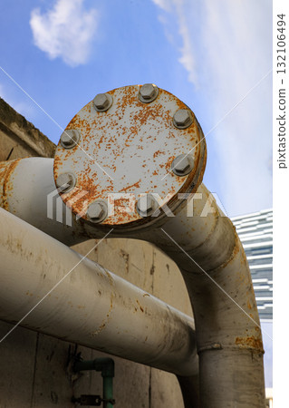 Drainage pipes, pipe with Rusty retaining ring use for draining the water from building. Drainage pipes, pipe with Rusty retaining ring use for draining the water from building. 132106494