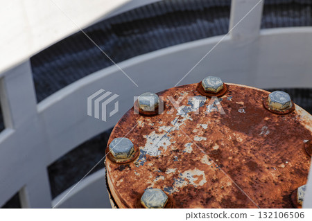 Close up drainage pipes, pipe with Rusty retaining ring use for draining the water from building.  132106506