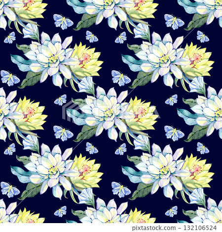 Seamless pattern Watercolor illustration moon night butterfly Ipomoea flowers white background painting. Hand painted illustration elements space. Design, print, wallpaper., wrapping Seamless pattern Watercolor illustration moon night butterfly Ipomoea flowers white background painting. Hand painted illustration elements space. Design, print, wallpaper., wrapping 132106524