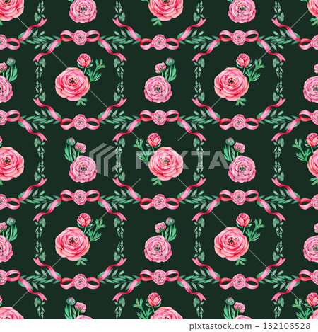 Floral wedding watercolor seamless pattern with pink ranunculus flowers, ribbons. Spring garden roses repeat background for Mother's and Women's Day greeting designs 132106528