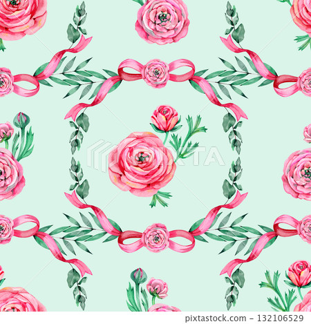 Floral wedding watercolor seamless pattern with pink ranunculus flowers, ribbons. Spring garden roses repeat background for Mother's and Women's Day greeting designs 132106529