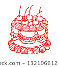 Whimsical cherry cream cake illustration vintage bakery dessert art coquette aesthetic kawaii sweet confectionery design romantic patisserie style line art 132106612