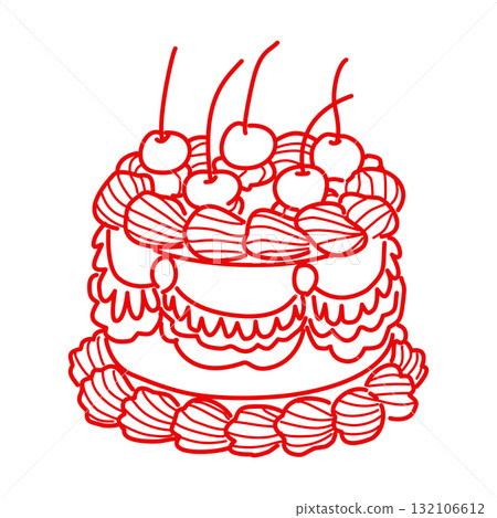 Whimsical cherry cream cake illustration vintage bakery dessert art coquette aesthetic kawaii sweet confectionery design romantic patisserie style line art 132106612