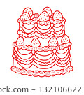 Whimsical strawberry tier cake illustration vintage bakery dessert art coquette aesthetic kawaii sweet confectionery design romantic patisserie style elegant line art 132106622