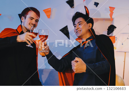 Joyful office Halloween party with coworkers in costumes, celebrating with drinks and laughter, fostering teamwork and festive spirit 132106683