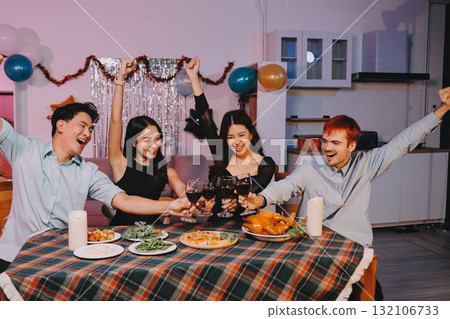 Diversity, dinner and group of people toast celebration together at party. Friends, happy and celebrate with food, wine and friendship for love, support and cheers champagne at business function Diversity, dinner and group of people toast celebration together at party. Friends, happy and celebrate with food, wine and friendship for love, support and cheers champagne at business function 132106733