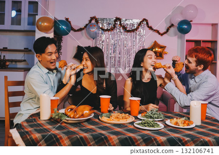 Diversity, dinner and group of people toast celebration together at party. Friends, happy and celebrate with food, wine and friendship for love, support and cheers champagne at business function Diversity, dinner and group of people toast celebration together at party. Friends, happy and celebrate with food, wine and friendship for love, support and cheers champagne at business function 132106741
