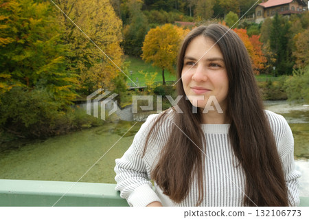 Portrait of Happy 30 Year Old Brunette Woman in Autumn Nature Portrait of Happy 30 Year Old Brunette Woman in Autumn Nature 132106773