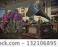 Vintage Gramophone and Champagne Flutes with Peonies 132106895
