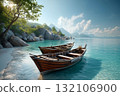 Two Wooden Boats on a Secluded Tropical Beach with Turquoise Water 132106900