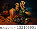 Vintage Film Projector, Popcorn, and Clapperboard with Cinematic Lighting 132106901