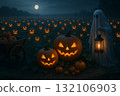 Ghost with Lantern Standing in a Field of Glowing Jack-o'-Lanterns Under a Full Moon 132106903