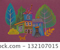Cozy children's town houses mixed media drawing on burgundy 132107015