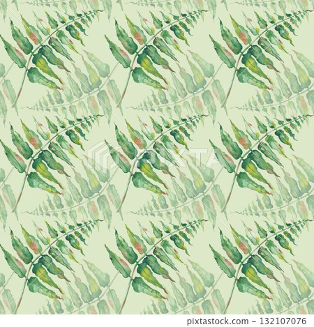 Seamless pattern with green fern. Watercolor illustration of a forest plant on a light green background. The seamless background is hand-drawn for packaging, textiles, wallpaper, and tableware in a Seamless pattern with green fern. Watercolor illustration of a forest plant on a light green background. The seamless background is hand-drawn for packaging, textiles, wallpaper, and tableware in a 132107076